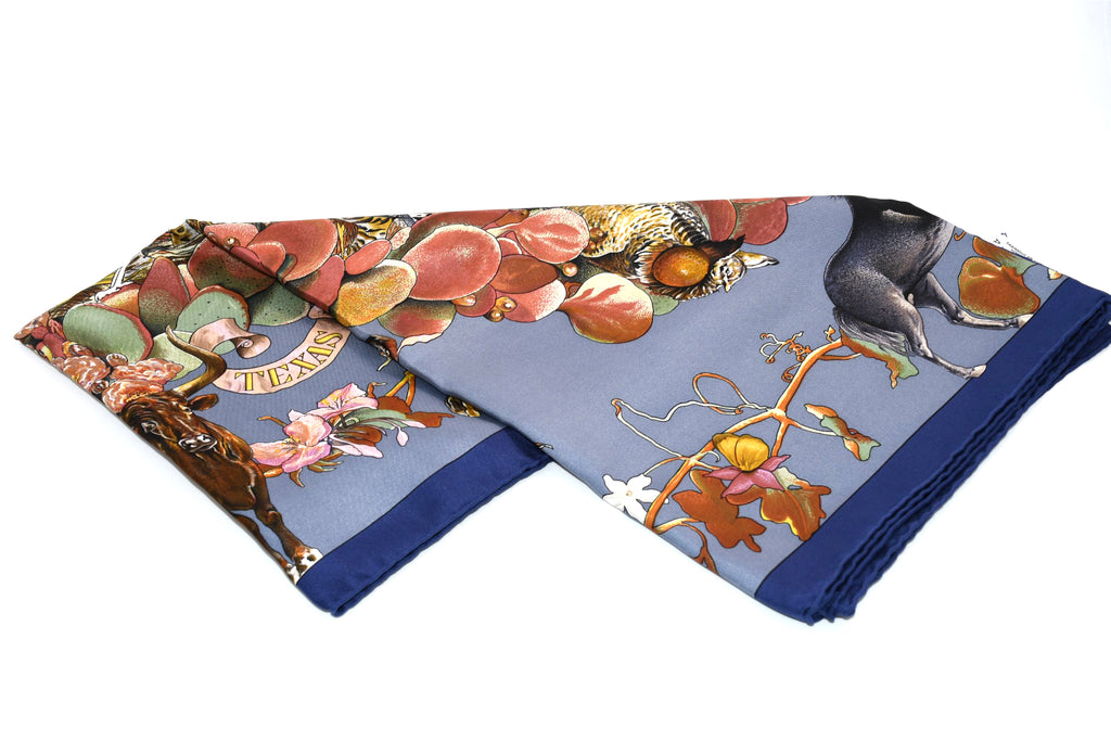 Hermes Scarf Faune Et Flore Du Texas Wildlife 90 cm by Kermit Oliver gray blue