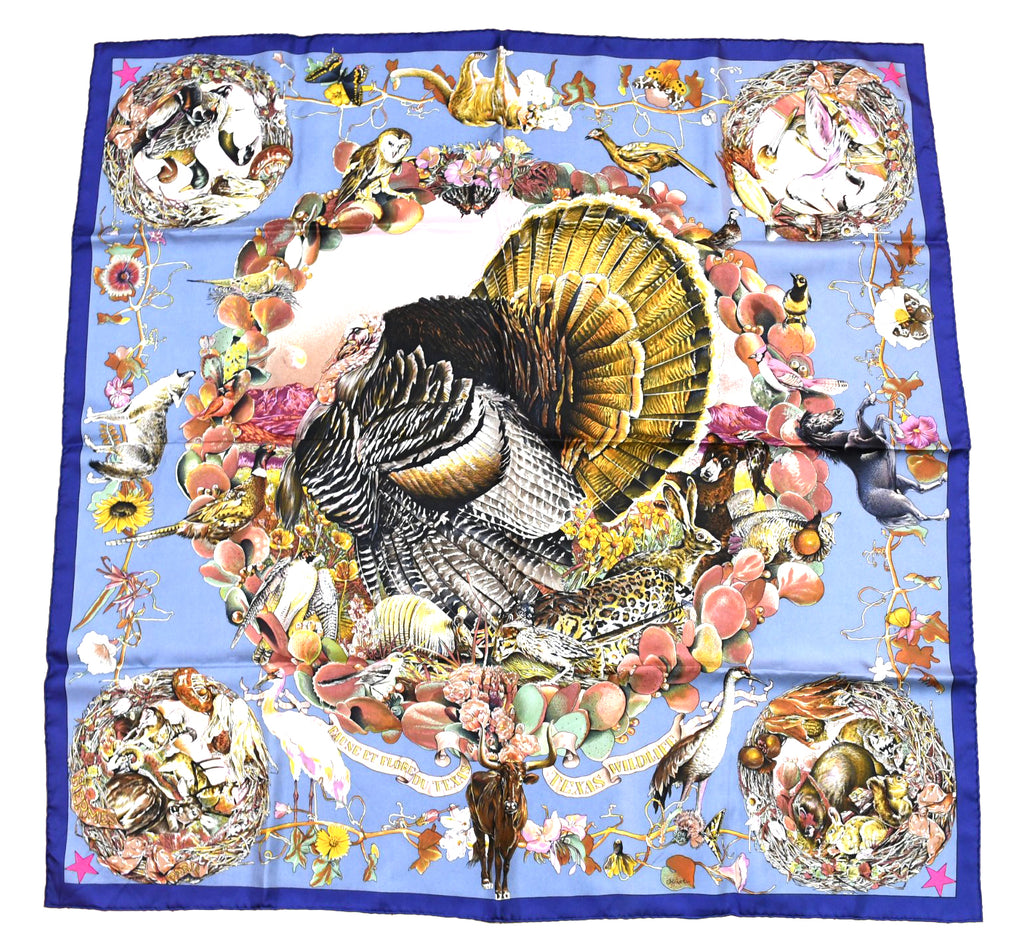 Hermes Scarf Faune Et Flore Du Texas Wildlife 90 cm by Kermit Oliver gray blue