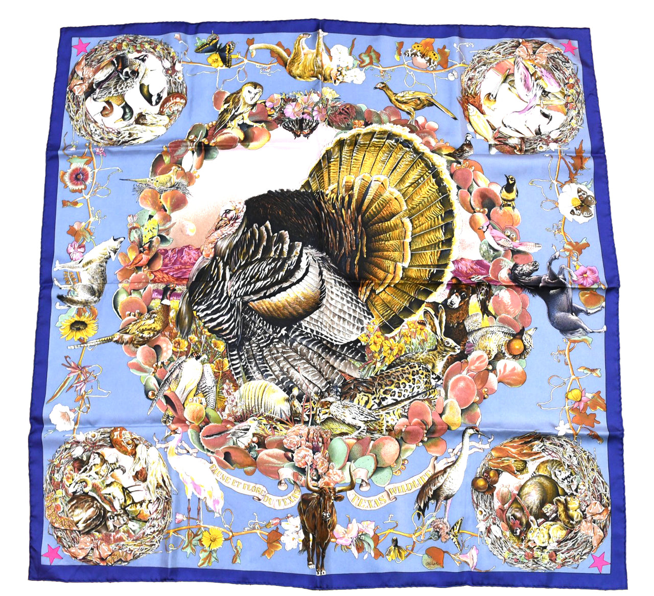 Hermes Scarf Faune Et Flore Du Texas Wildlife 90 cm by Kermit Oliver gray blue