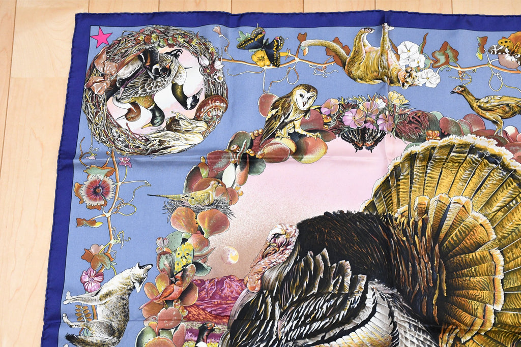 Hermes Scarf Faune Et Flore Du Texas Wildlife 90 cm by Kermit Oliver gray blue