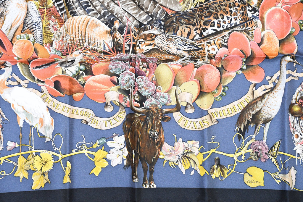 Hermes Scarf Faune Et Flore Du Texas Wildlife 90 cm by Kermit Oliver silk navy animal Carre