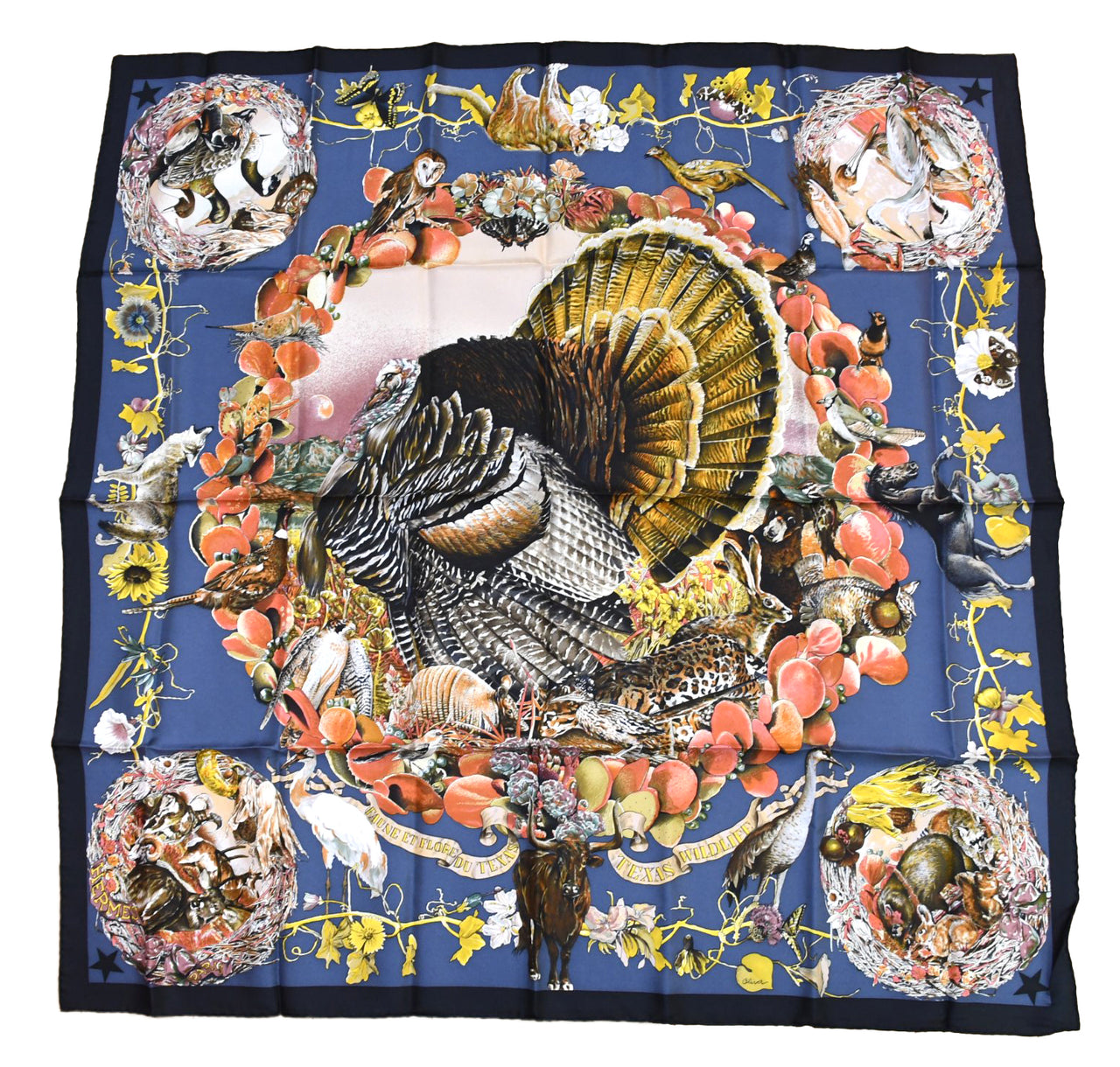 Hermes Scarf Faune Et Flore Du Texas Wildlife 90 cm by Kermit Oliver silk navy animal Carre