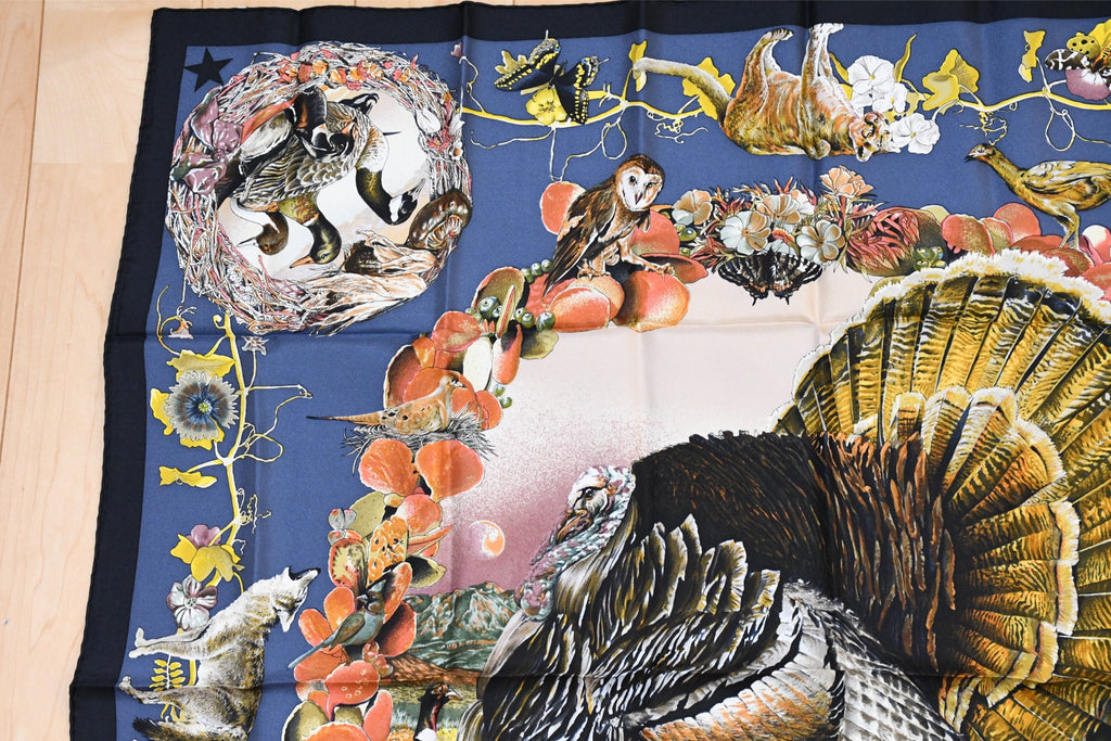 Hermes Scarf Faune Et Flore Du Texas Wildlife 90 cm by Kermit Oliver silk navy animal Carre