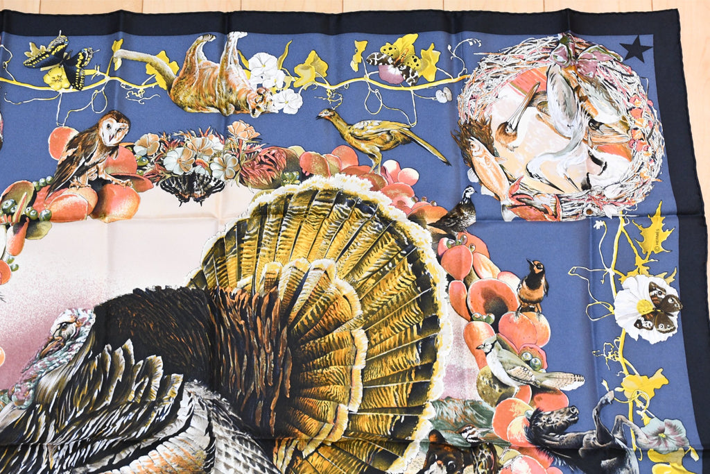 Hermes Scarf Faune Et Flore Du Texas Wildlife 90 cm by Kermit Oliver silk navy animal Carre