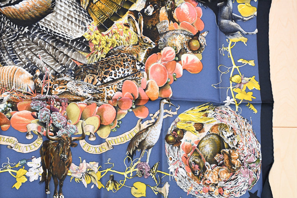 Hermes Scarf Faune Et Flore Du Texas Wildlife 90 cm by Kermit Oliver silk navy animal Carre
