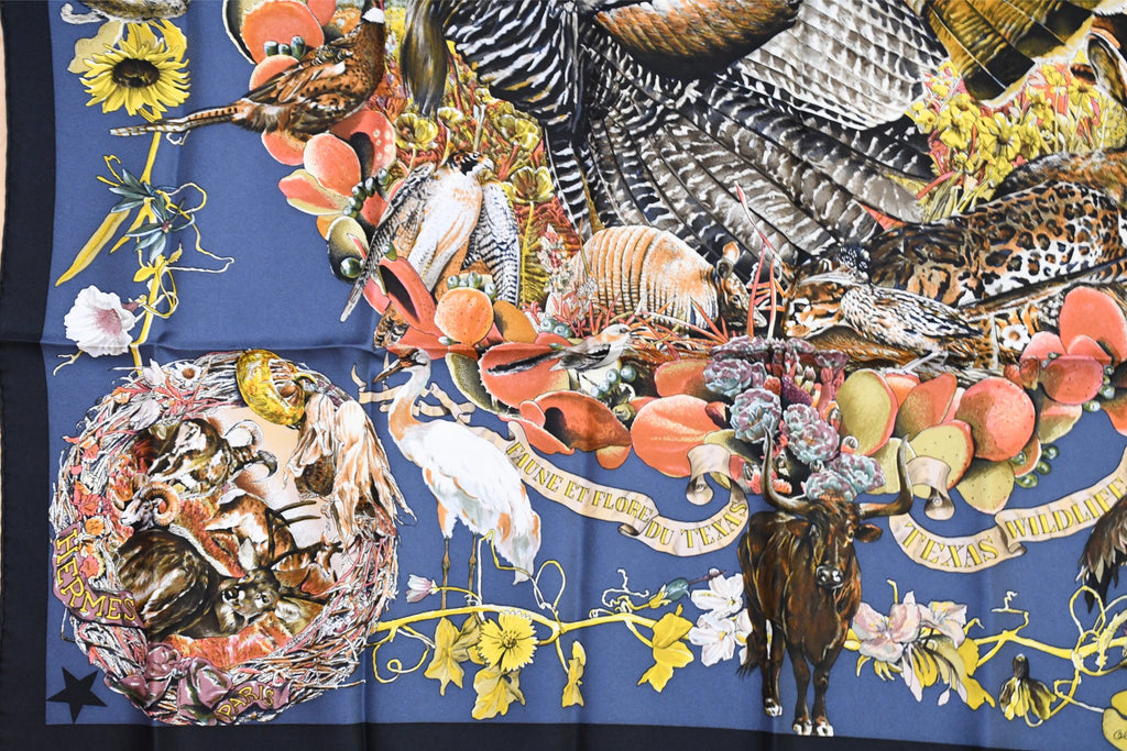 Hermes Scarf Faune Et Flore Du Texas Wildlife 90 cm by Kermit Oliver silk navy animal Carre