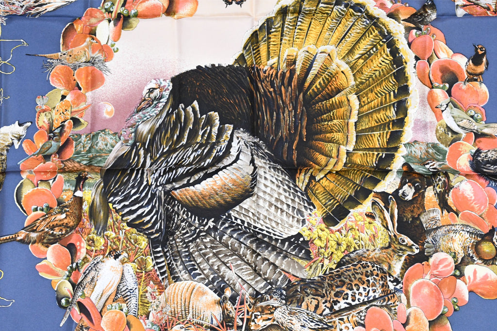 Hermes Scarf Faune Et Flore Du Texas Wildlife 90 cm by Kermit Oliver silk navy animal Carre