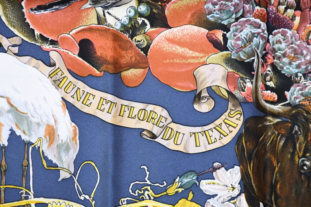 Hermes Scarf Faune Et Flore Du Texas Wildlife 90 cm by Kermit Oliver silk navy animal Carre