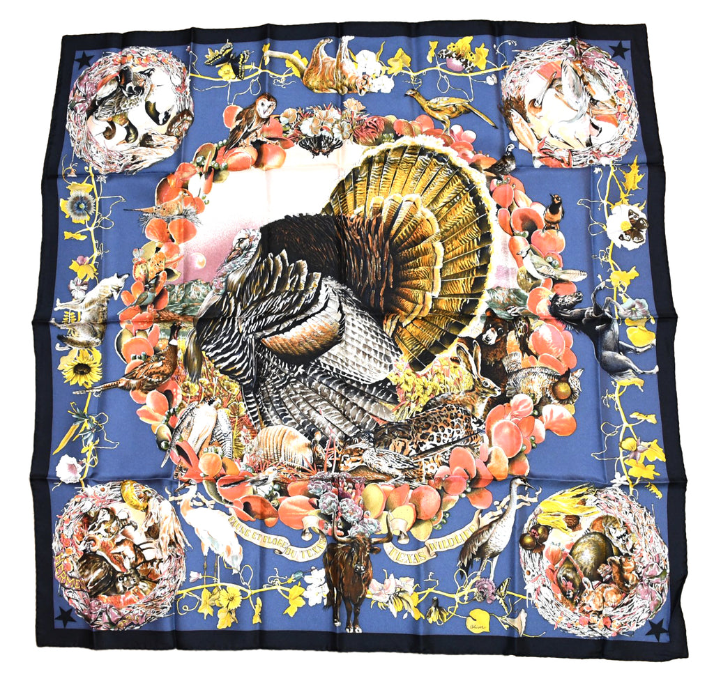 Hermes Scarf Faune Et Flore Du Texas Wildlife 90 cm by Kermit Oliver silk navy animal Carre