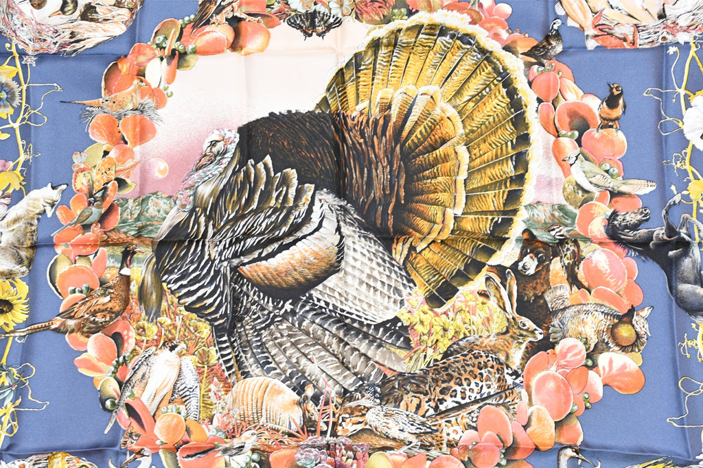 Hermes Scarf Faune Et Flore Du Texas Wildlife 90 cm by Kermit Oliver silk navy animal Carre