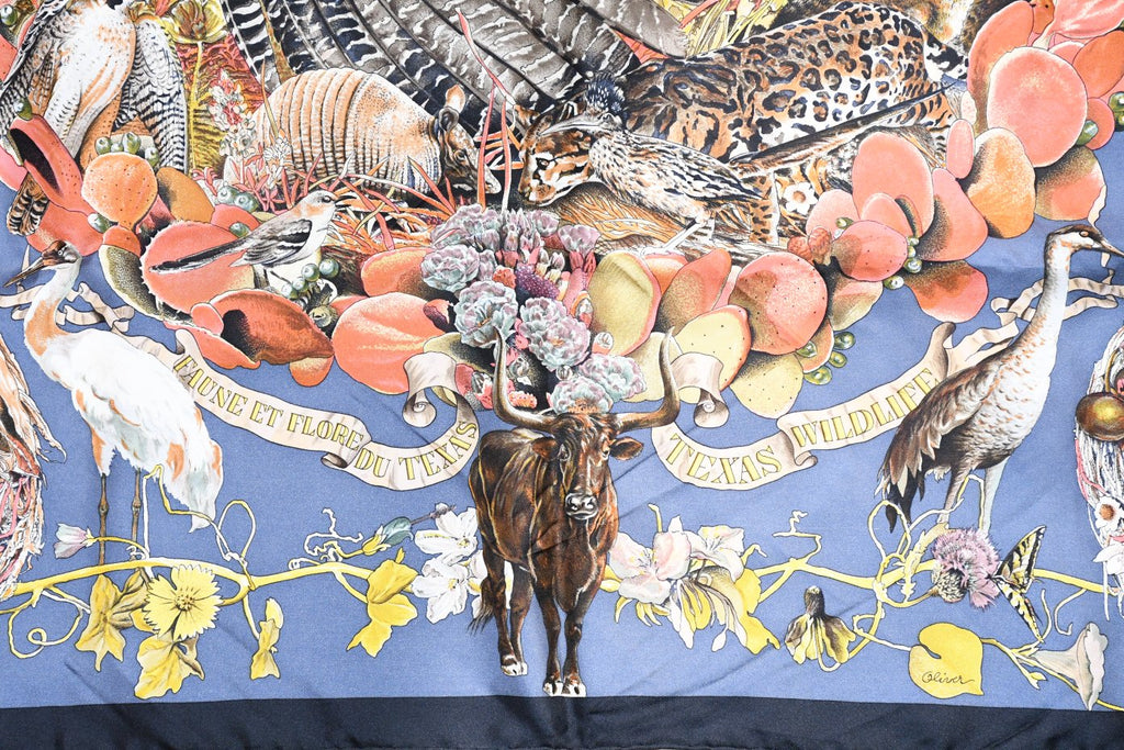 Hermes Scarf Faune Et Flore Du Texas Wildlife 90 cm by Kermit Oliver silk navy gray animal Carre 35" 064