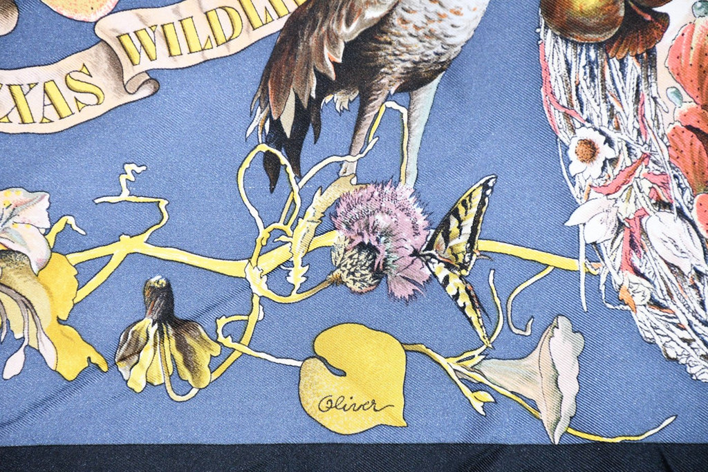 Hermes Scarf Faune Et Flore Du Texas Wildlife 90 cm by Kermit Oliver silk navy gray animal Carre 35" 064