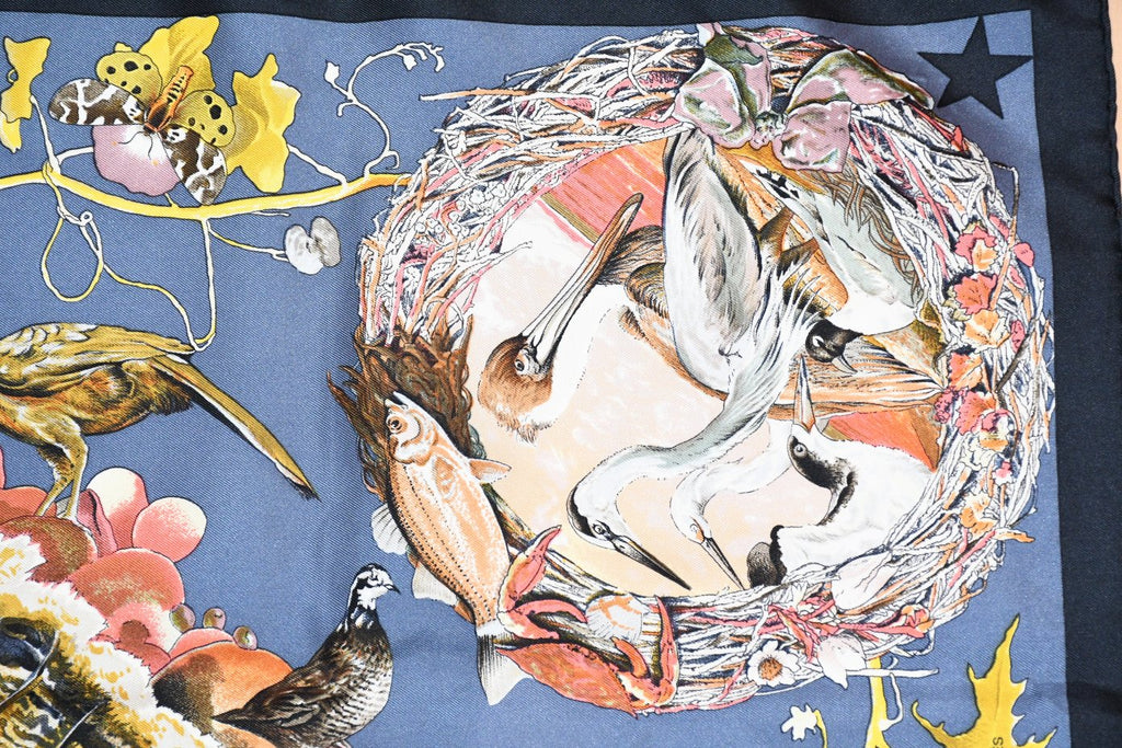 Hermes Scarf Faune Et Flore Du Texas Wildlife 90 cm by Kermit Oliver silk navy gray animal Carre 35" 064
