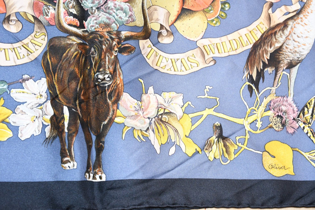 Hermes Scarf Faune Et Flore Du Texas Wildlife 90 cm by Kermit Oliver silk navy gray animal Carre 35" 064