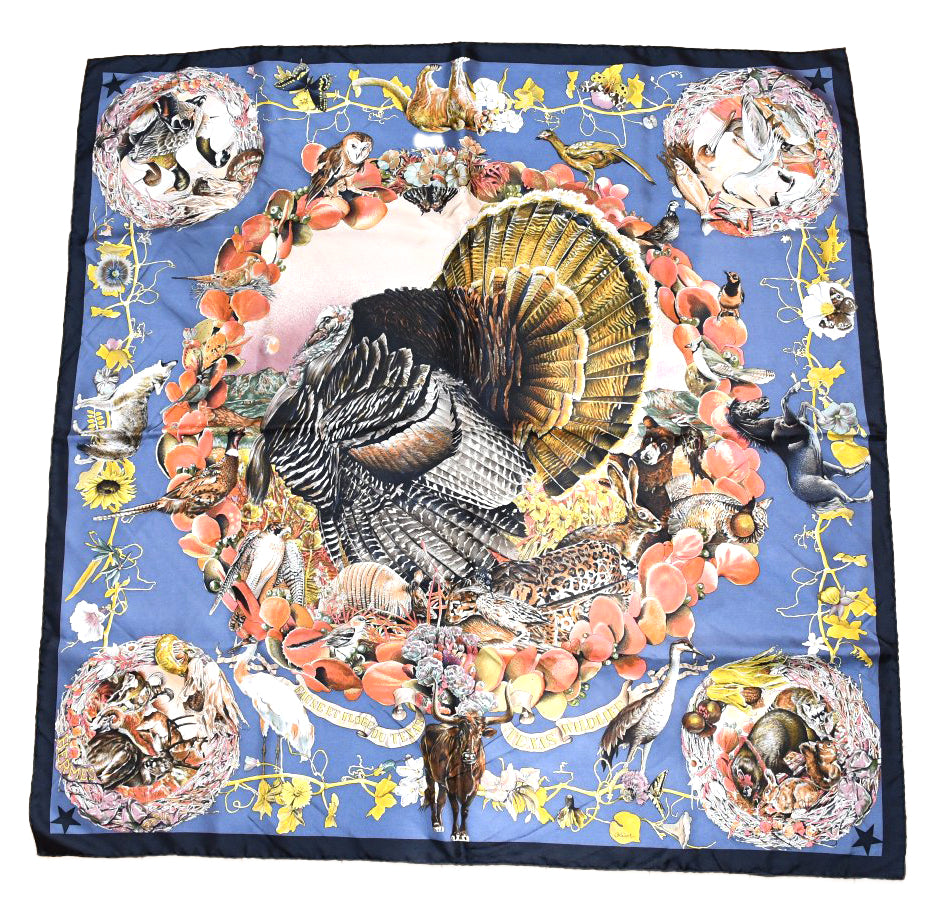 Hermes Scarf Faune Et Flore Du Texas Wildlife 90 cm by Kermit Oliver silk navy gray animal Carre 35" 064