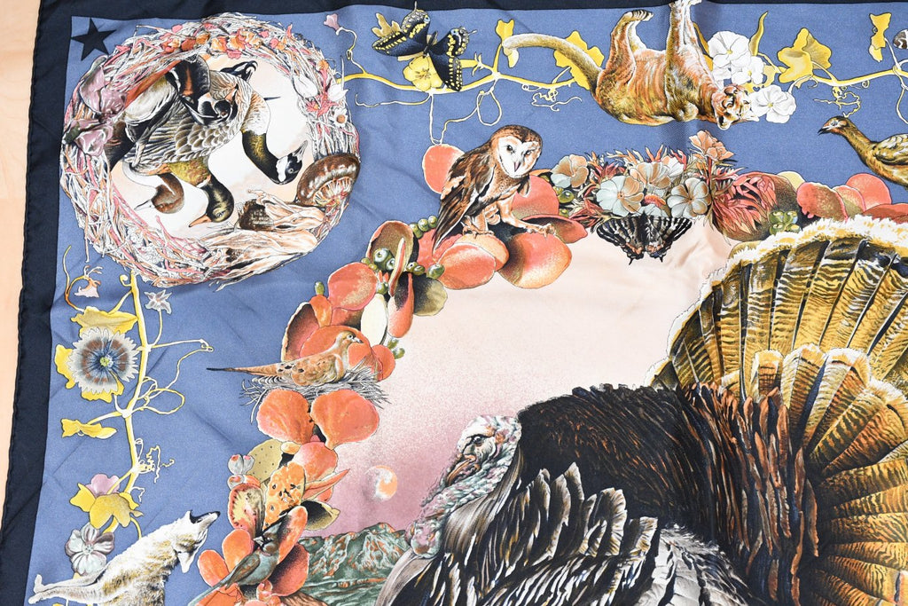 Hermes Scarf Faune Et Flore Du Texas Wildlife 90 cm by Kermit Oliver silk navy gray animal Carre 35" 064