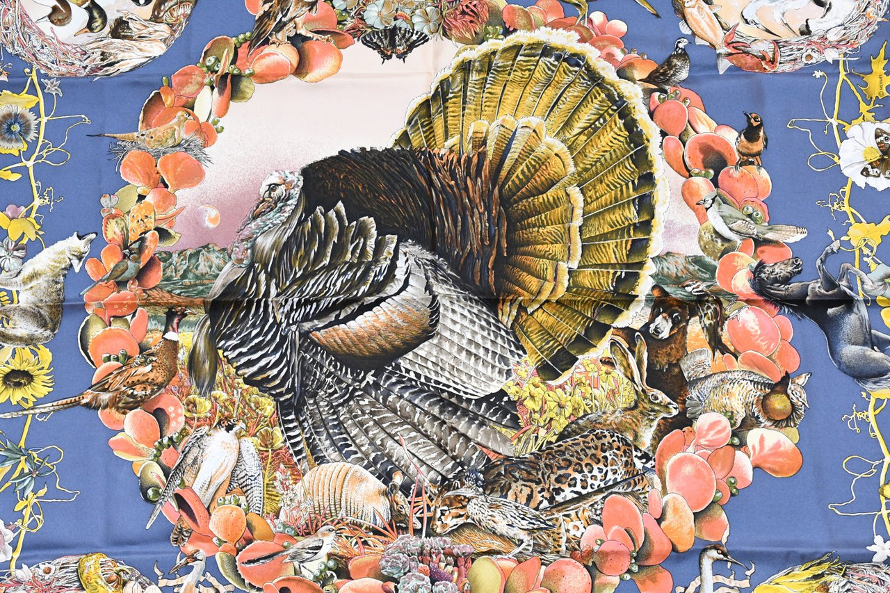 Hermes Scarf Faune Et Flore Du Texas Wildlife 90 cm by Kermit Oliver silk navy gray animal Carre 35" 094