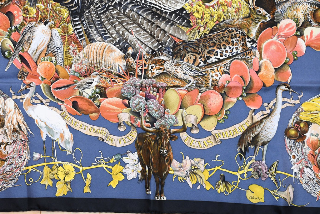 Hermes Scarf Faune Et Flore Du Texas Wildlife 90 cm by Kermit Oliver silk navy gray animal Carre 35" 094