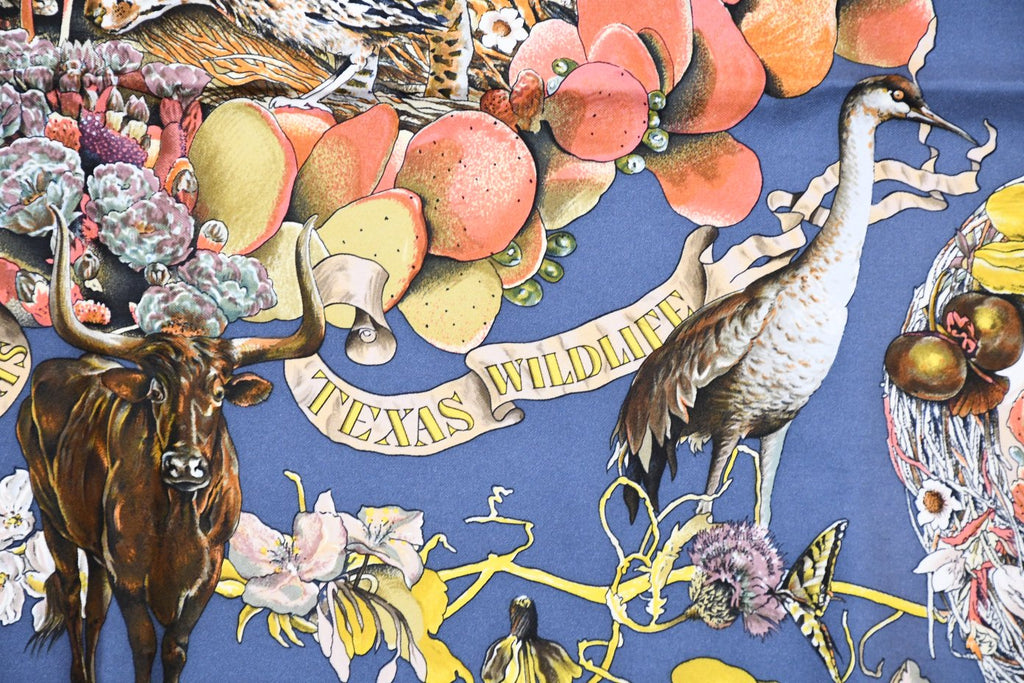 Hermes Scarf Faune Et Flore Du Texas Wildlife 90 cm by Kermit Oliver silk navy gray animal Carre 35" 094