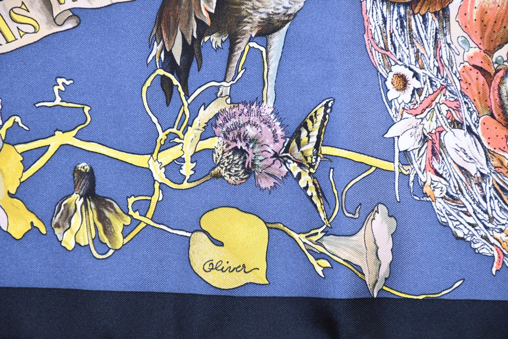 Hermes Scarf Faune Et Flore Du Texas Wildlife 90 cm by Kermit Oliver silk navy gray animal Carre 35" 094
