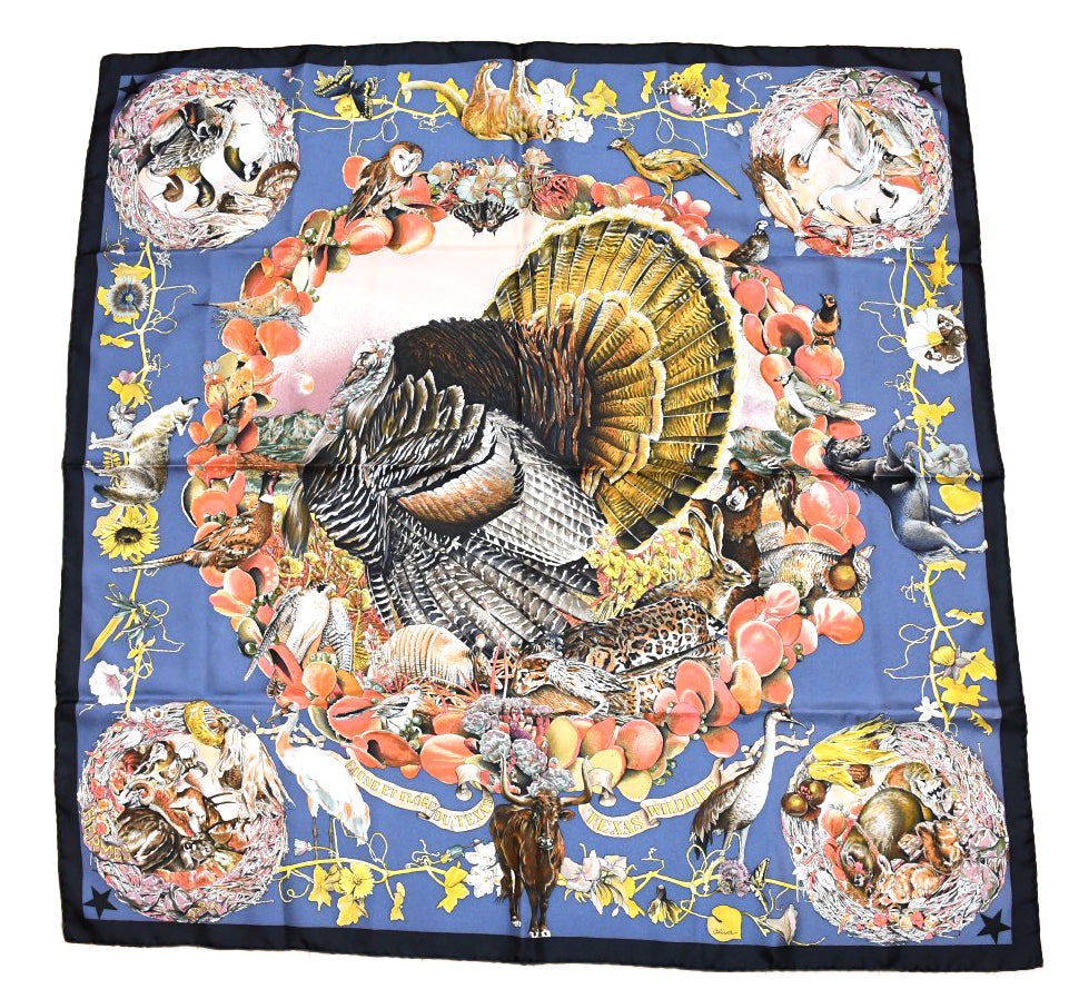 Hermes Scarf Faune Et Flore Du Texas Wildlife 90 cm by Kermit Oliver silk navy gray animal Carre 35" 094