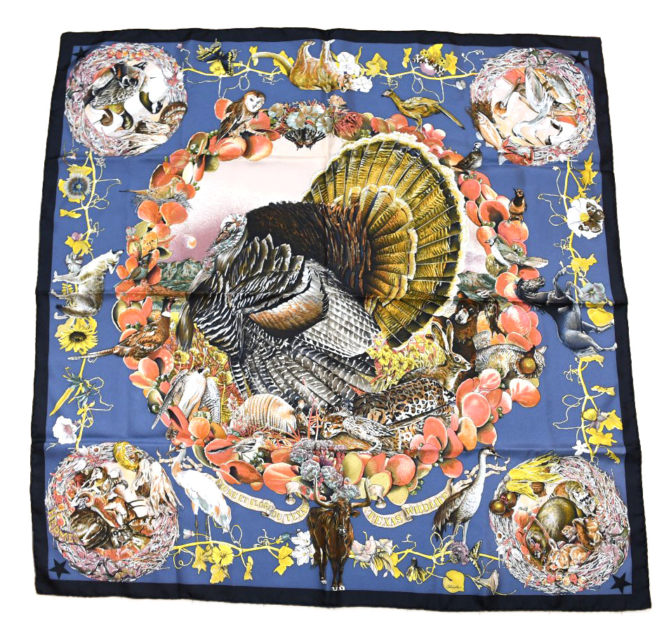 Hermes Scarf Faune Et Flore Du Texas Wildlife 90 cm by Kermit Oliver silk navy gray animal Carre 35" 094