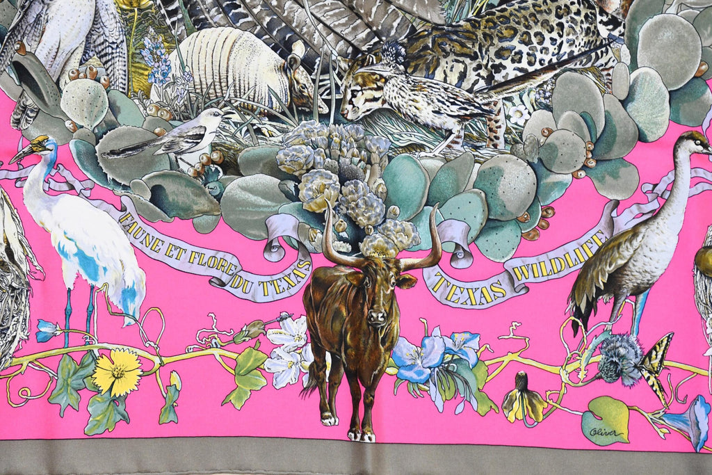 Hermes Scarf Faune Et Flore Du Texas Wildlife 90 cm by Kermit Oliver silk pink gray