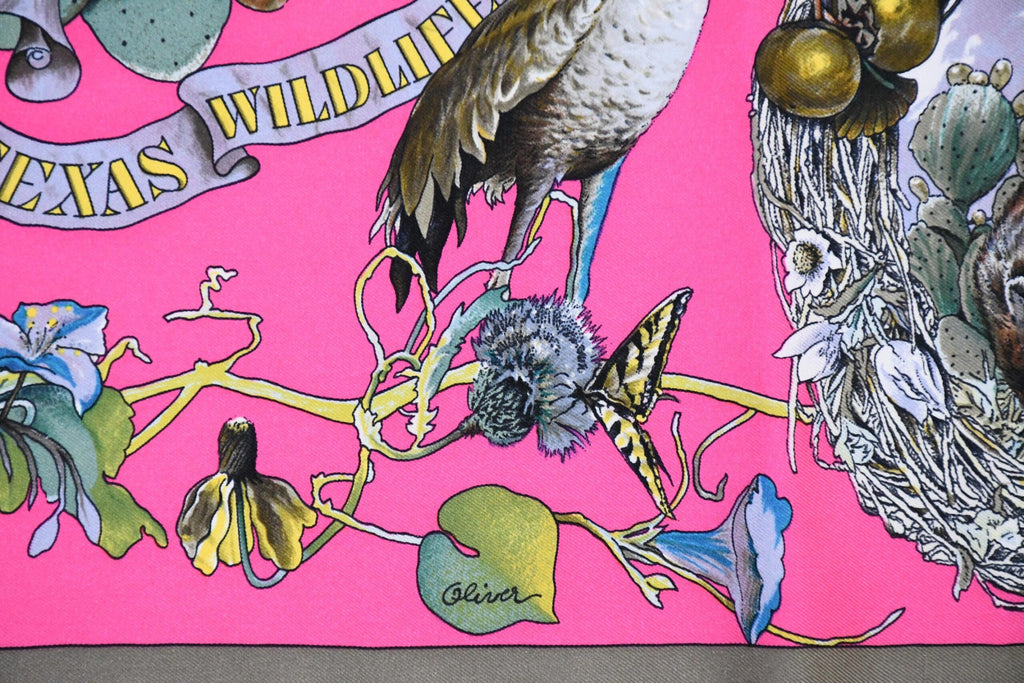 Hermes Scarf Faune Et Flore Du Texas Wildlife 90 cm by Kermit Oliver silk pink gray