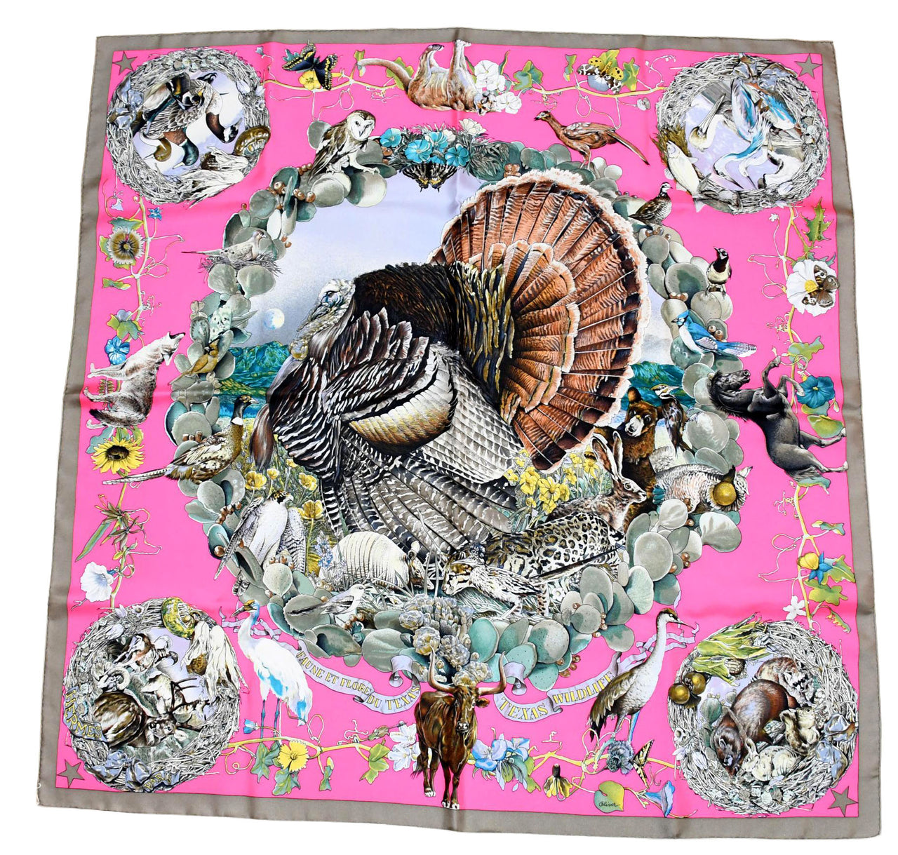 Hermes Scarf Faune Et Flore Du Texas Wildlife 90 cm by Kermit Oliver silk pink gray