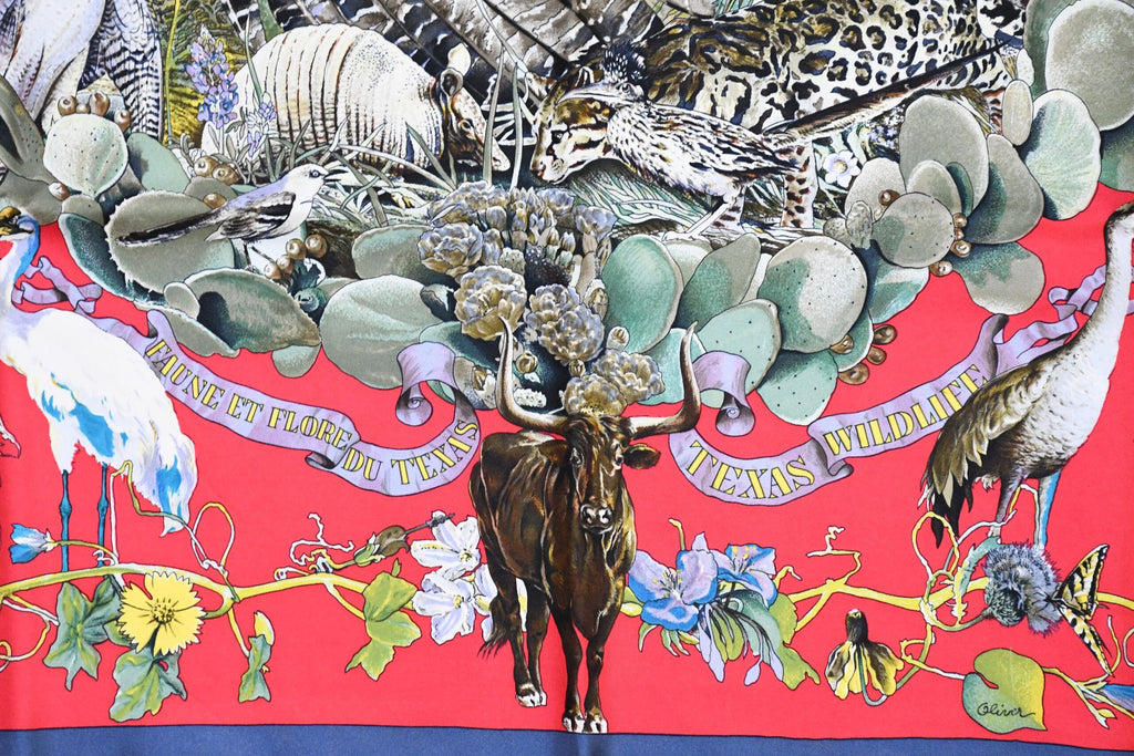 Hermes Scarf Faune Et Flore Du Texas Wildlife 90 cm by Kermit Oliver silk red blue USED