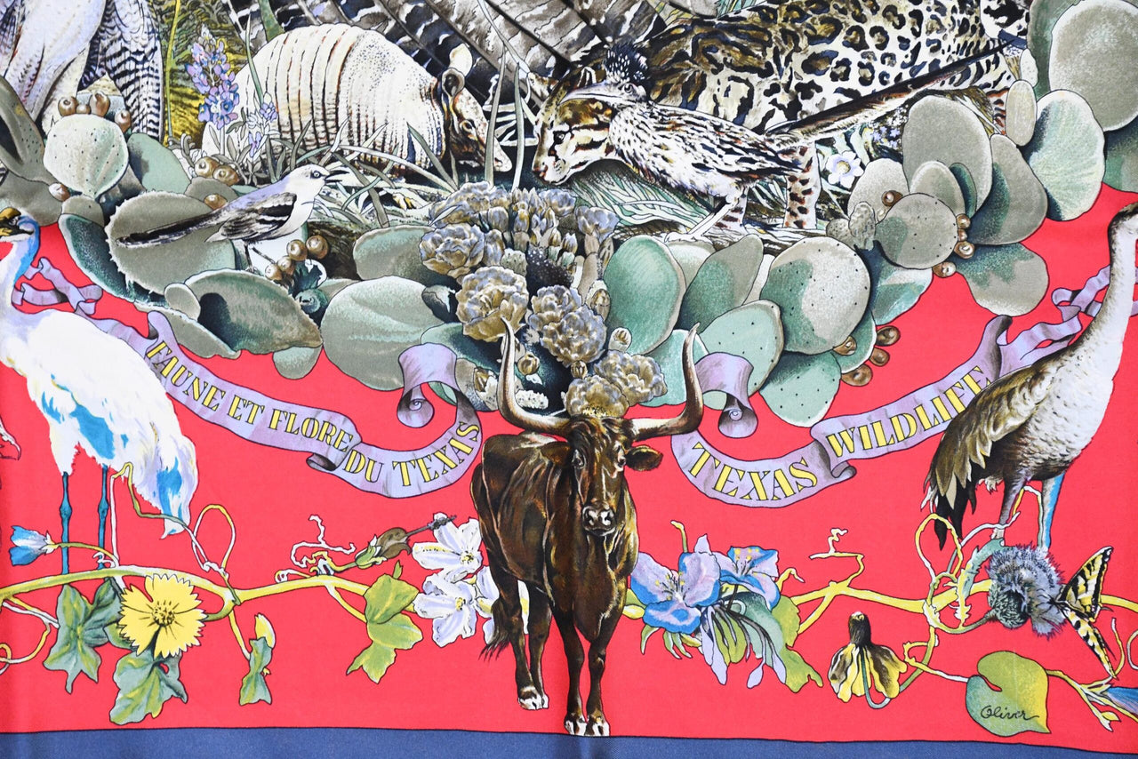 Hermes Scarf Faune Et Flore Du Texas Wildlife 90 cm by Kermit Oliver silk red blue USED