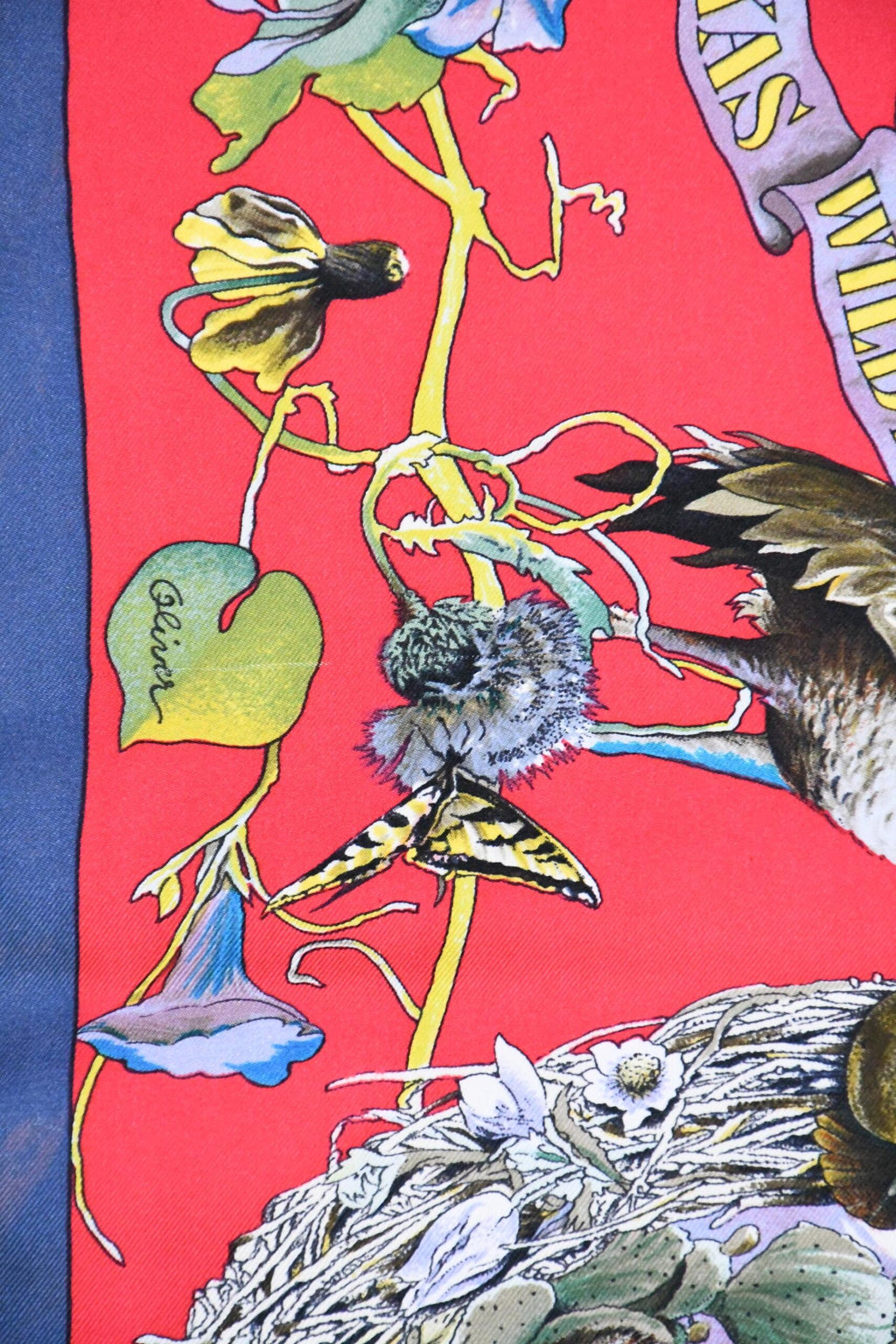 Hermes Scarf Faune Et Flore Du Texas Wildlife 90 cm by Kermit Oliver silk red blue USED