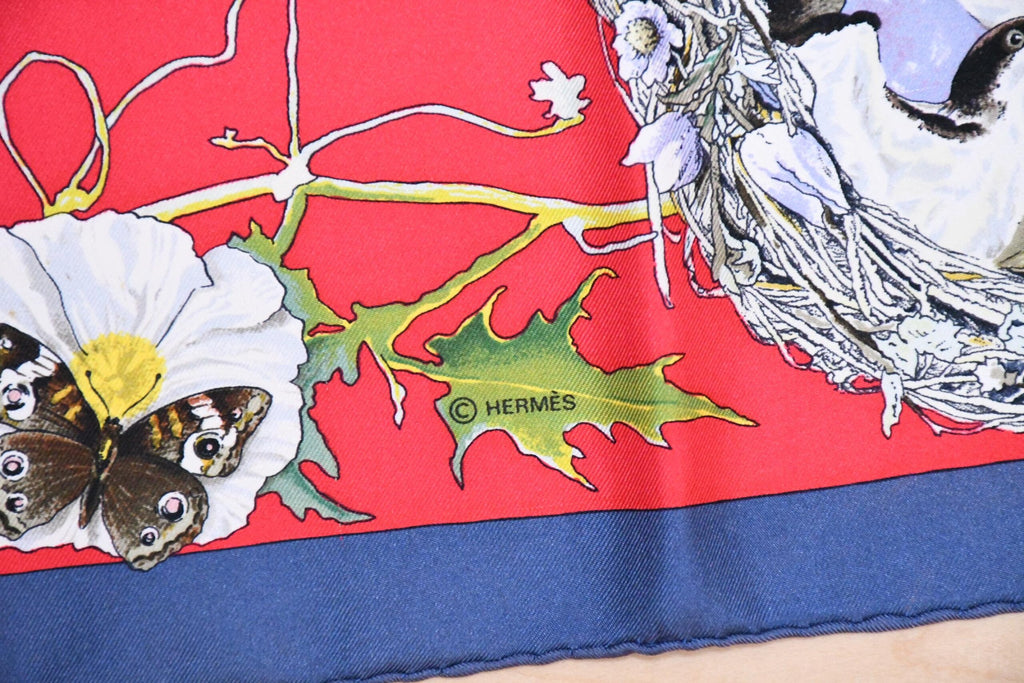 Hermes Scarf Faune Et Flore Du Texas Wildlife 90 cm by Kermit Oliver silk red blue USED