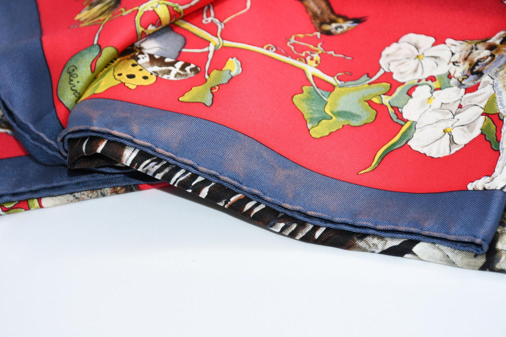 Hermes Scarf Faune Et Flore Du Texas Wildlife 90 cm by Kermit Oliver silk red blue USED