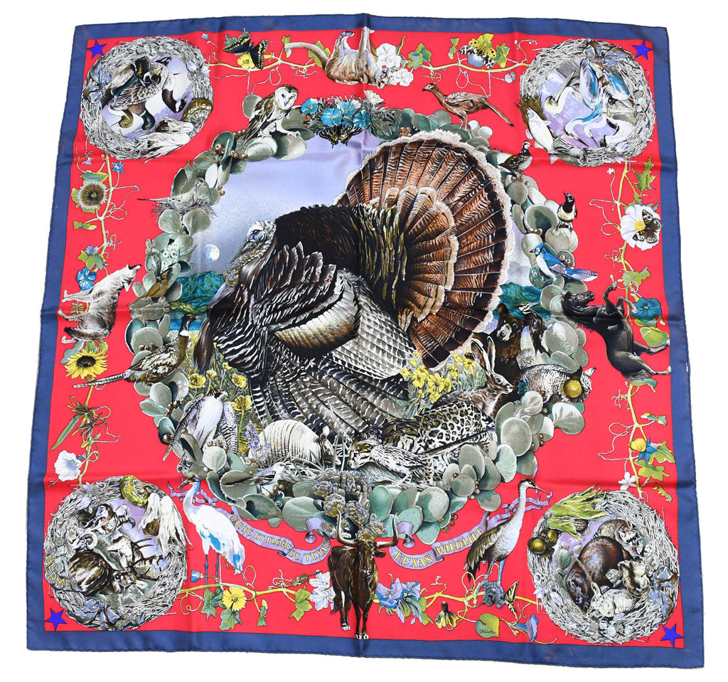 Hermes Scarf Faune Et Flore Du Texas Wildlife 90 cm by Kermit Oliver silk red blue USED