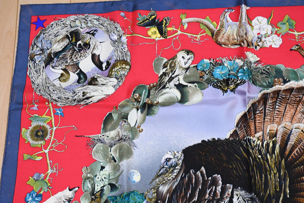 Hermes Scarf Faune Et Flore Du Texas Wildlife 90 cm by Kermit Oliver silk red blue USED