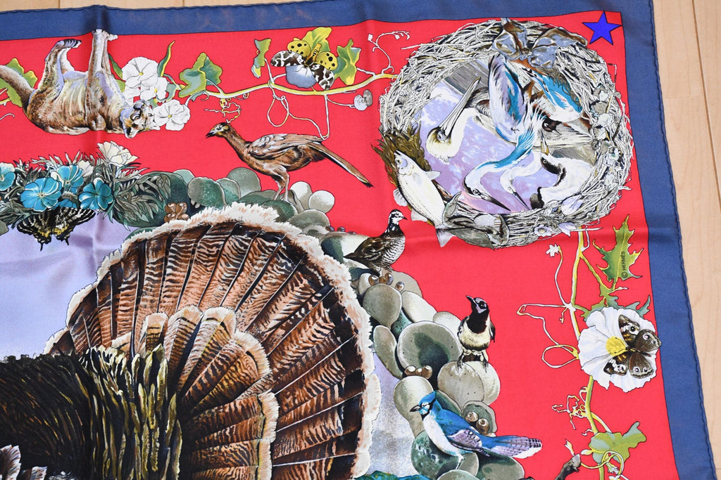 Hermes Scarf Faune Et Flore Du Texas Wildlife 90 cm by Kermit Oliver silk red blue USED