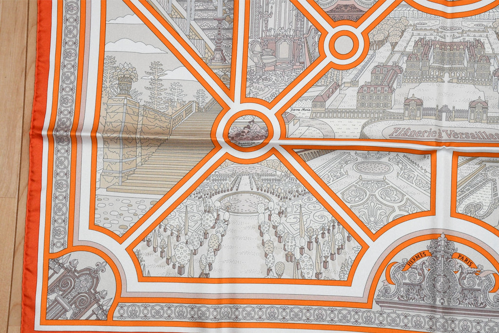 Hermes Scarf Flanerie a Versailles 90 cm silk orange Carre stroll walk 35"
