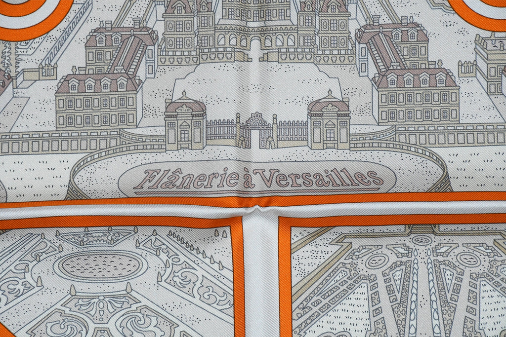 Hermes Scarf Flanerie a Versailles 90 cm silk orange Carre stroll walk 35"
