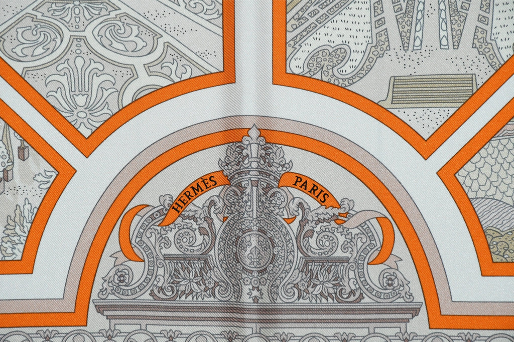Hermes Scarf Flanerie a Versailles 90 cm silk orange Carre stroll walk 35"