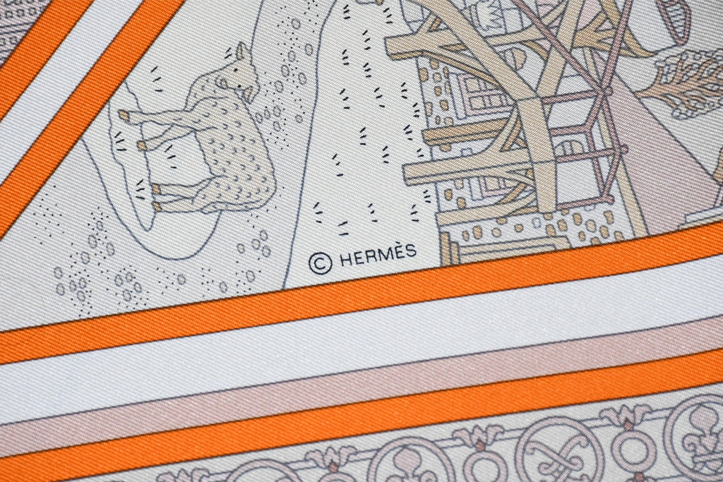 Hermes Scarf Flanerie a Versailles 90 cm silk orange Carre stroll walk 35"