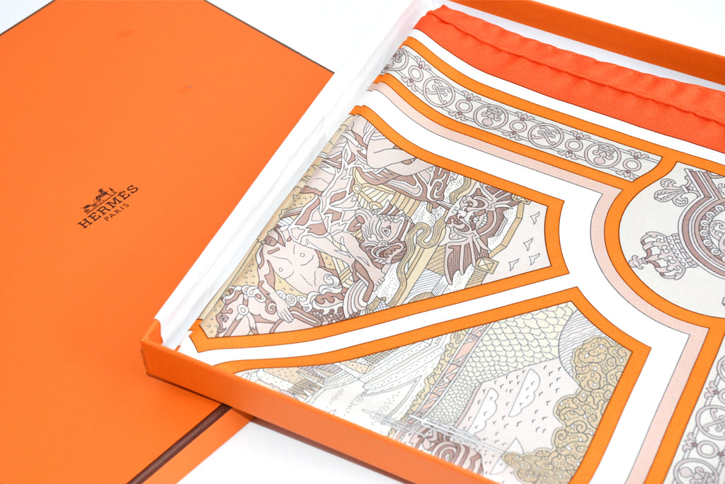 Hermes Scarf Flanerie a Versailles 90 cm silk orange Carre stroll walk 35"
