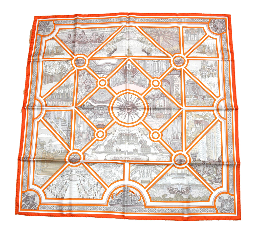 Hermes Scarf Flanerie a Versailles 90 cm silk orange Carre stroll walk 35"