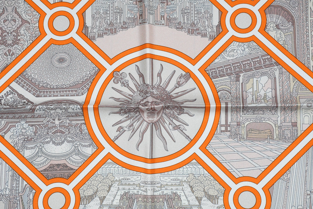 Hermes Scarf Flanerie a Versailles 90 cm silk orange Carre stroll walk 35"