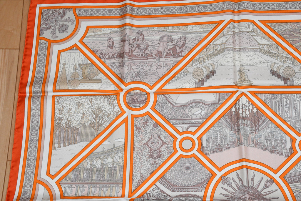 Hermes Scarf Flanerie a Versailles 90 cm silk orange Carre stroll walk 35"