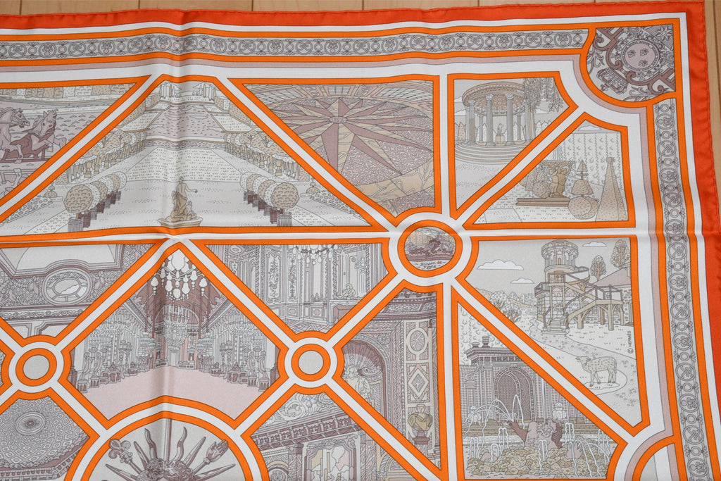 Hermes Scarf Flanerie a Versailles 90 cm silk orange Carre stroll walk 35"