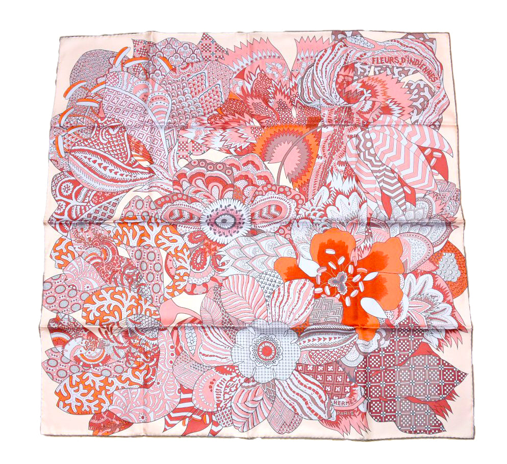 Hermes Scarf Fleurs d'Indiennes 90 cm silk light pink Carre Indian flower 35"