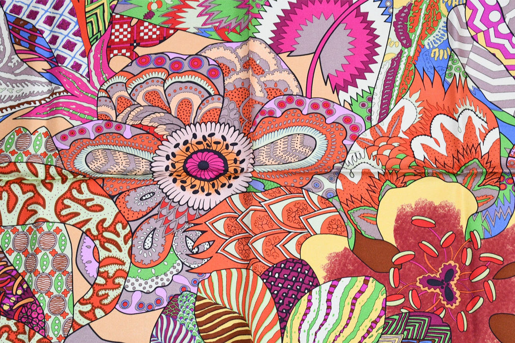 Hermes Scarf Fleurs d'Indiennes 90 cm silk yellow orange Carre Indian flower 35"