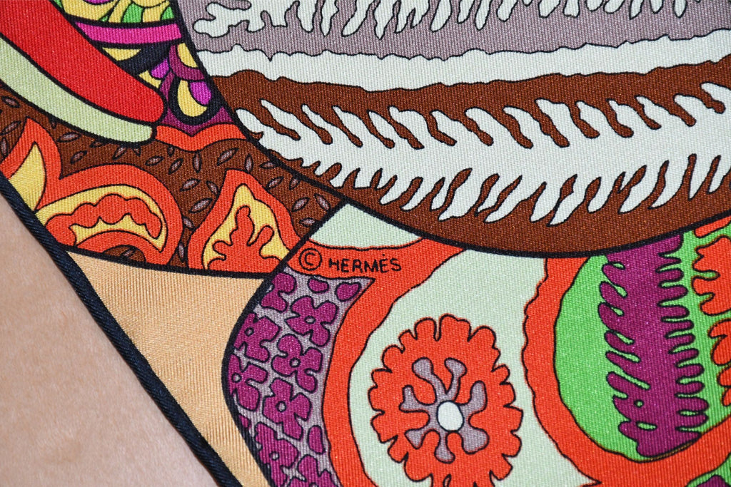 Hermes Scarf Fleurs d'Indiennes 90 cm silk yellow orange Carre Indian flower 35"