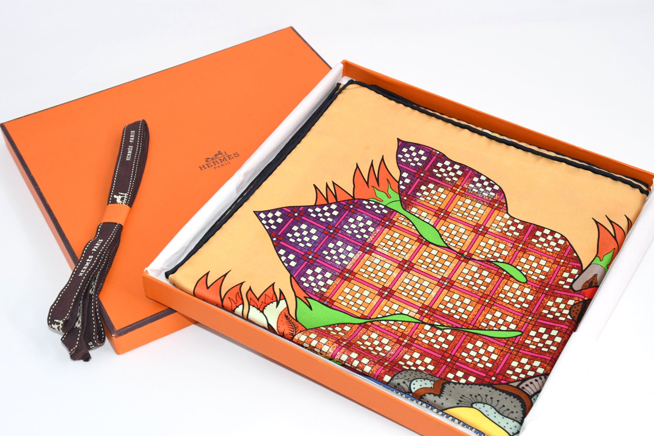 Hermes Scarf Fleurs d'Indiennes 90 cm silk yellow orange Carre